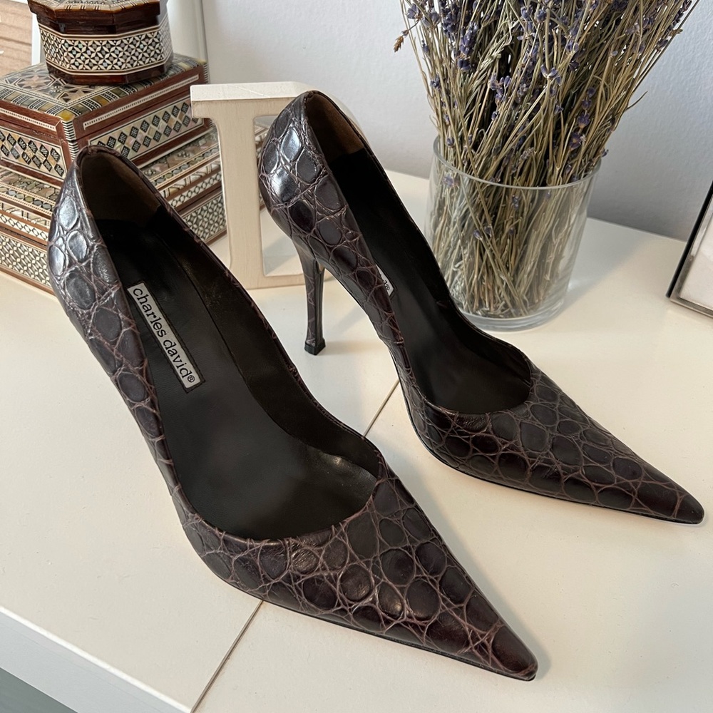 Charles David Dark Brown Embossed Crocodile Pointed Heels